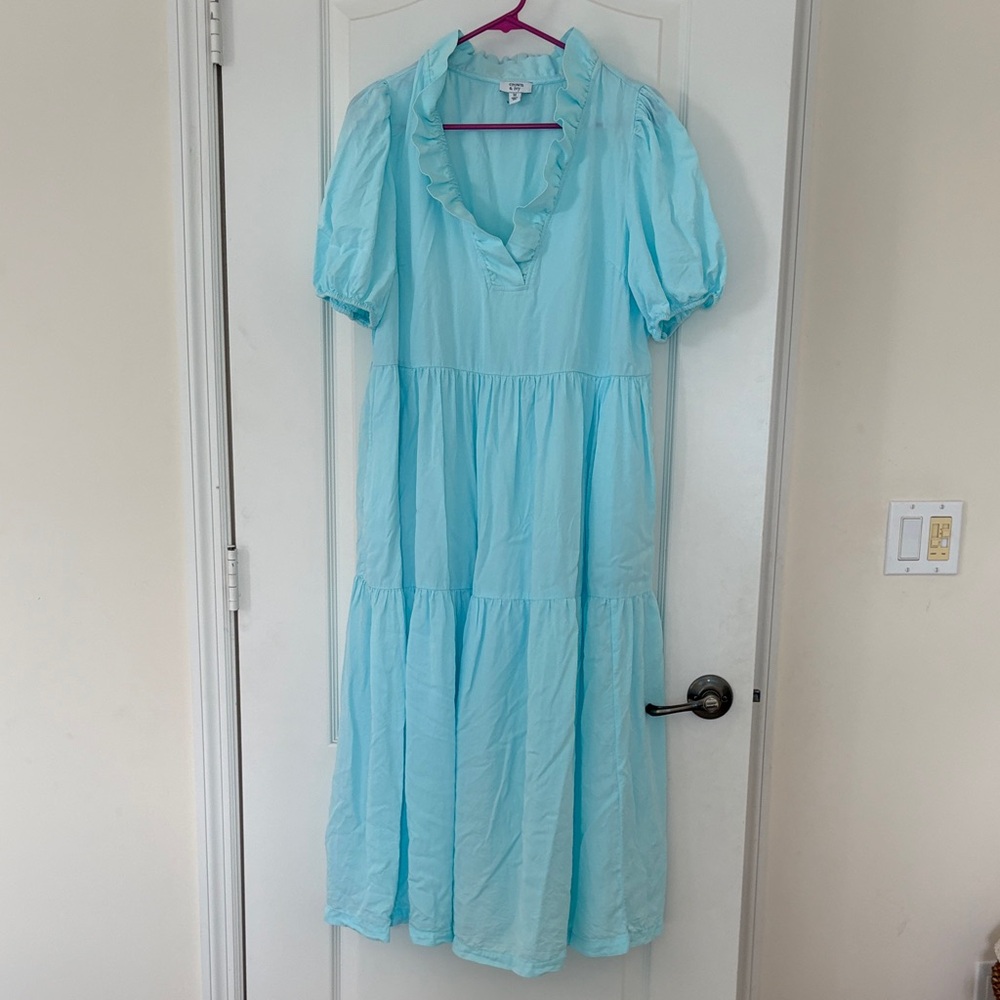 Crown & Ivy Sky Blue Midi Dress with Ruffle Trim